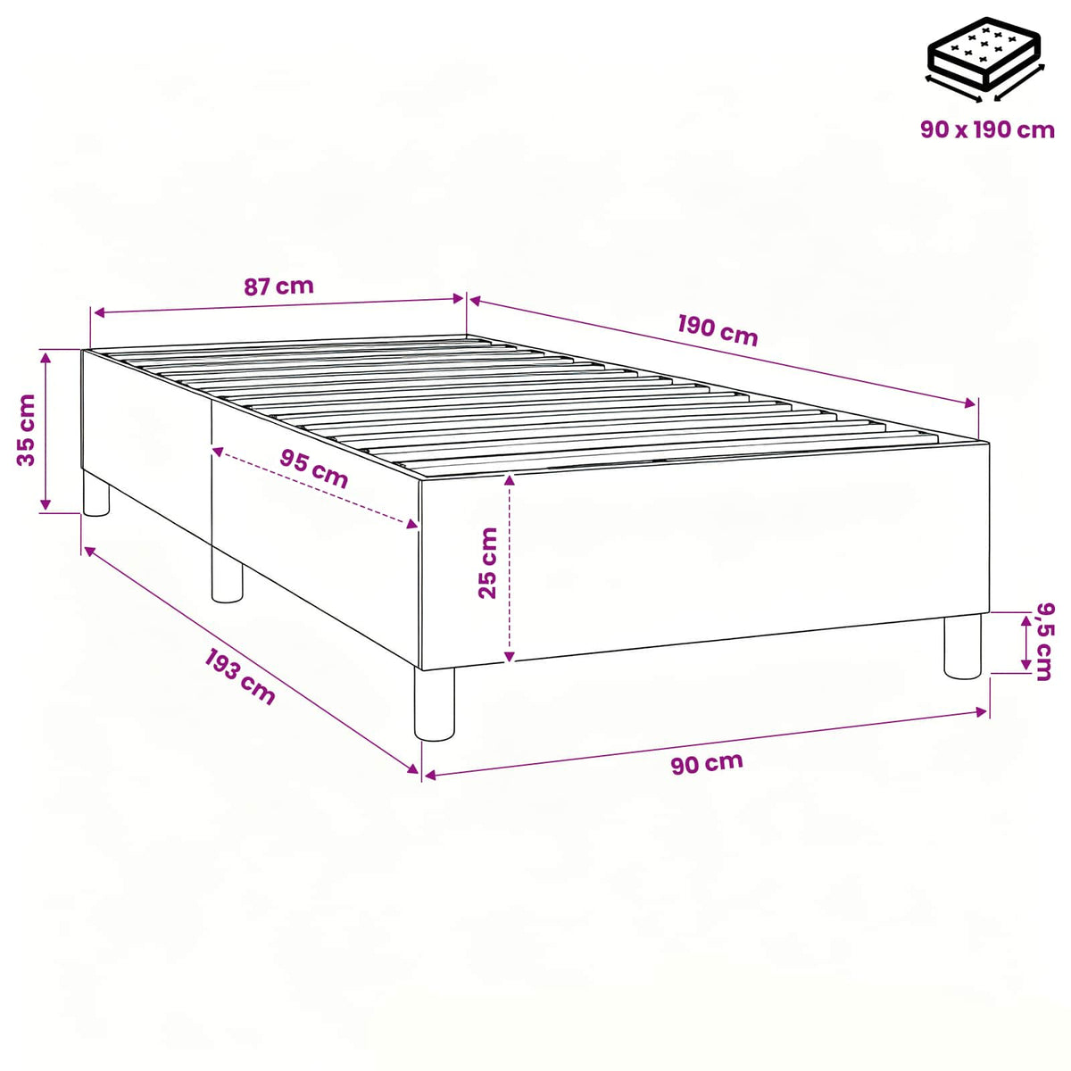 Struttura Letto a Rete a Molle Nero 90x190 cm in Tessuto