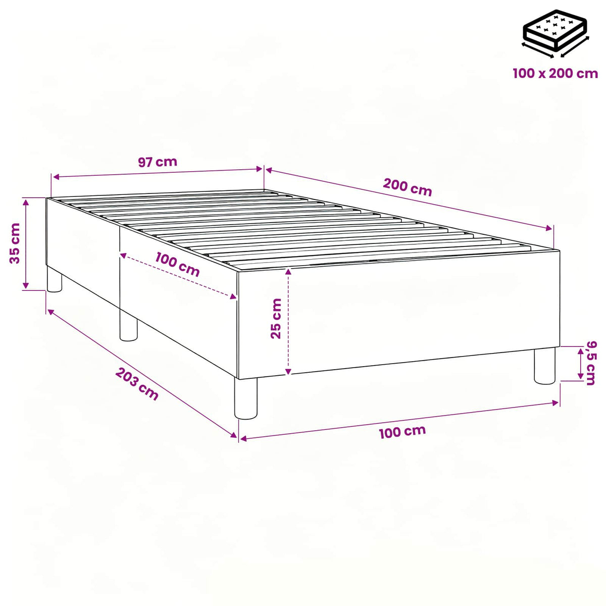 Struttura Letto a Rete a Molle Nero 100x200 cm in Tessuto
