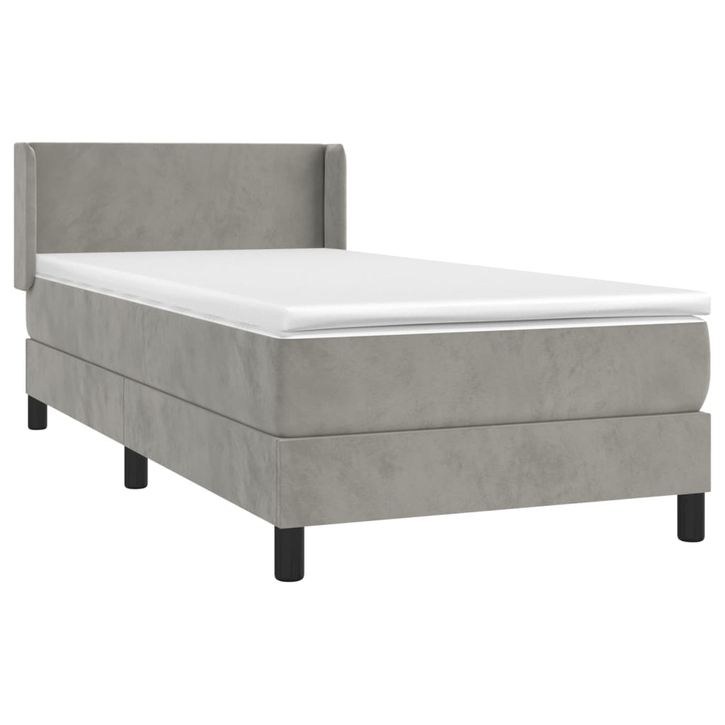 Spring bed frame with light gray mattress 100x200cm velvet