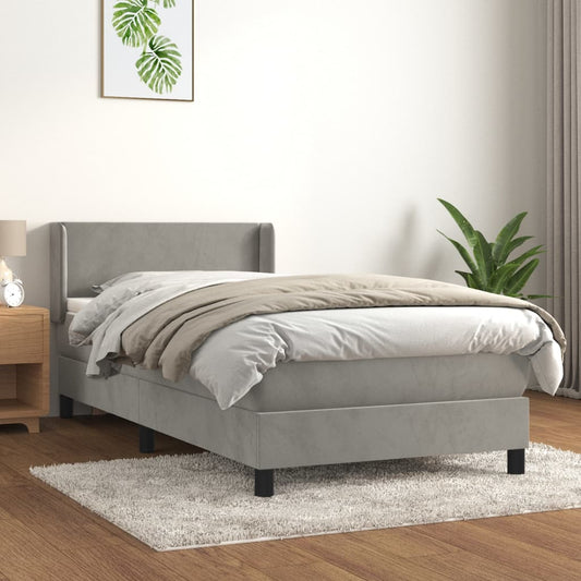 Spring bed frame with light gray mattress 100x200cm velvet