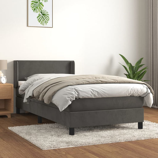 Spring bed frame with dark gray mattress 100x200 cm velvet