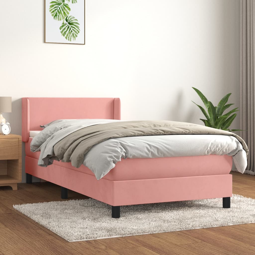 Spring bed frame with pink mattress 100x200 cm in velvet