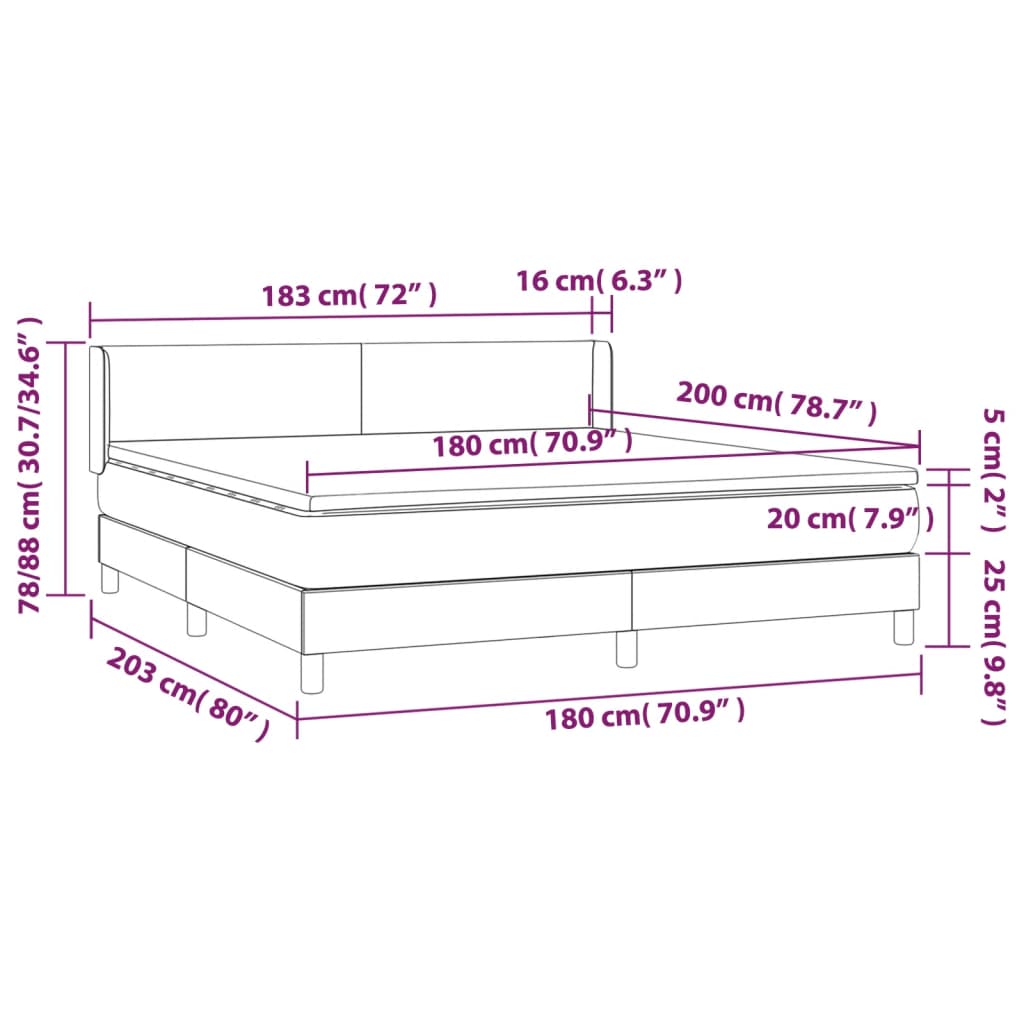 Spring bed frame with dark gray mattress 180x200 cm velvet