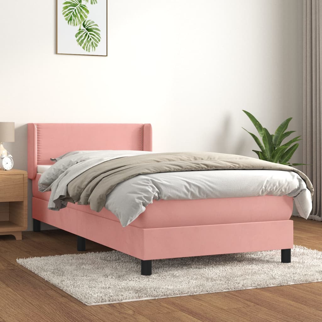 Spring bed frame with pink mattress 90x190 cm in velvet