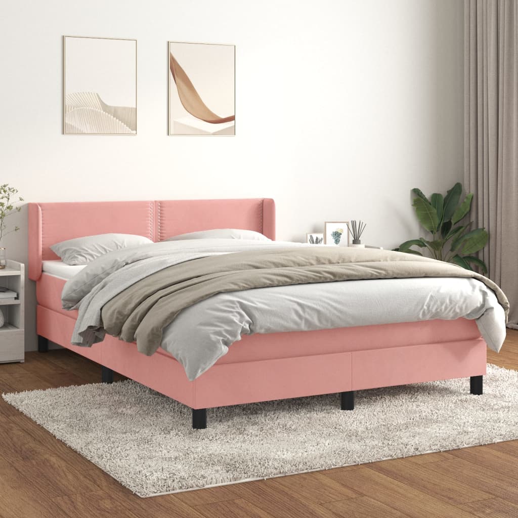 Spring bed frame with pink mattress 140x200 cm in velvet