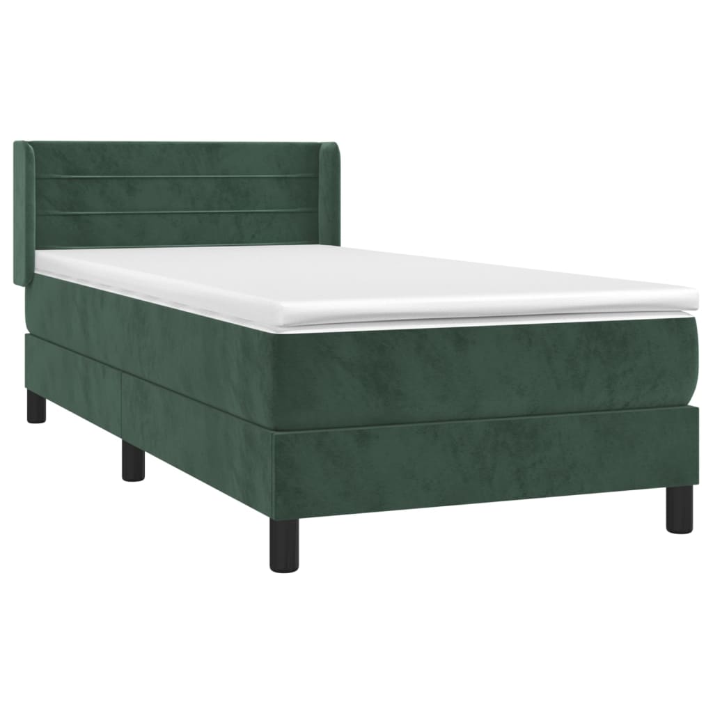 Spring bed frame with dark green mattress 90x190 cm velvet