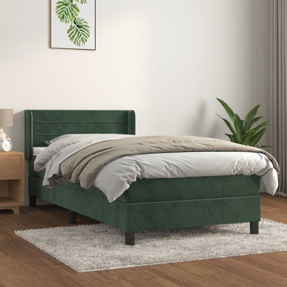 Spring bed frame with dark green mattress 90x190 cm velvet