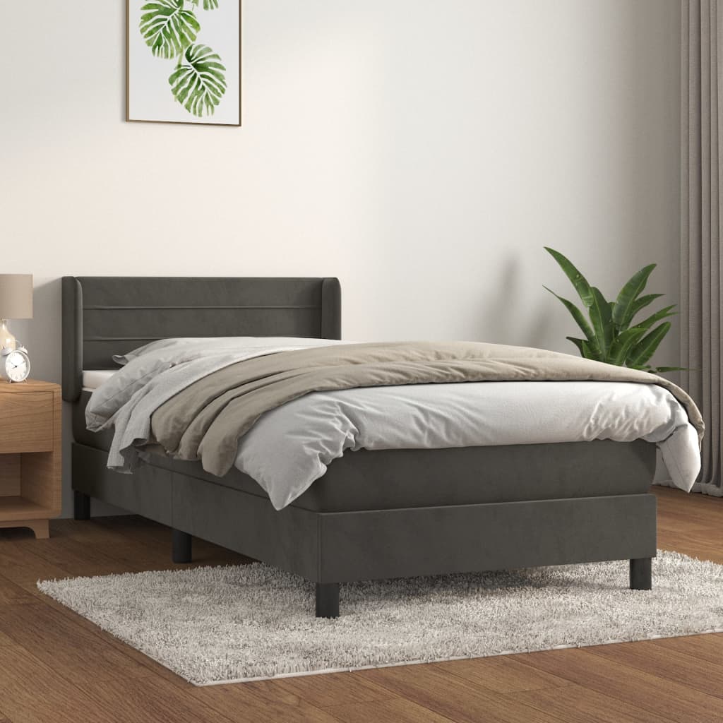 Spring bed frame with dark gray mattress 100x200 cm velvet