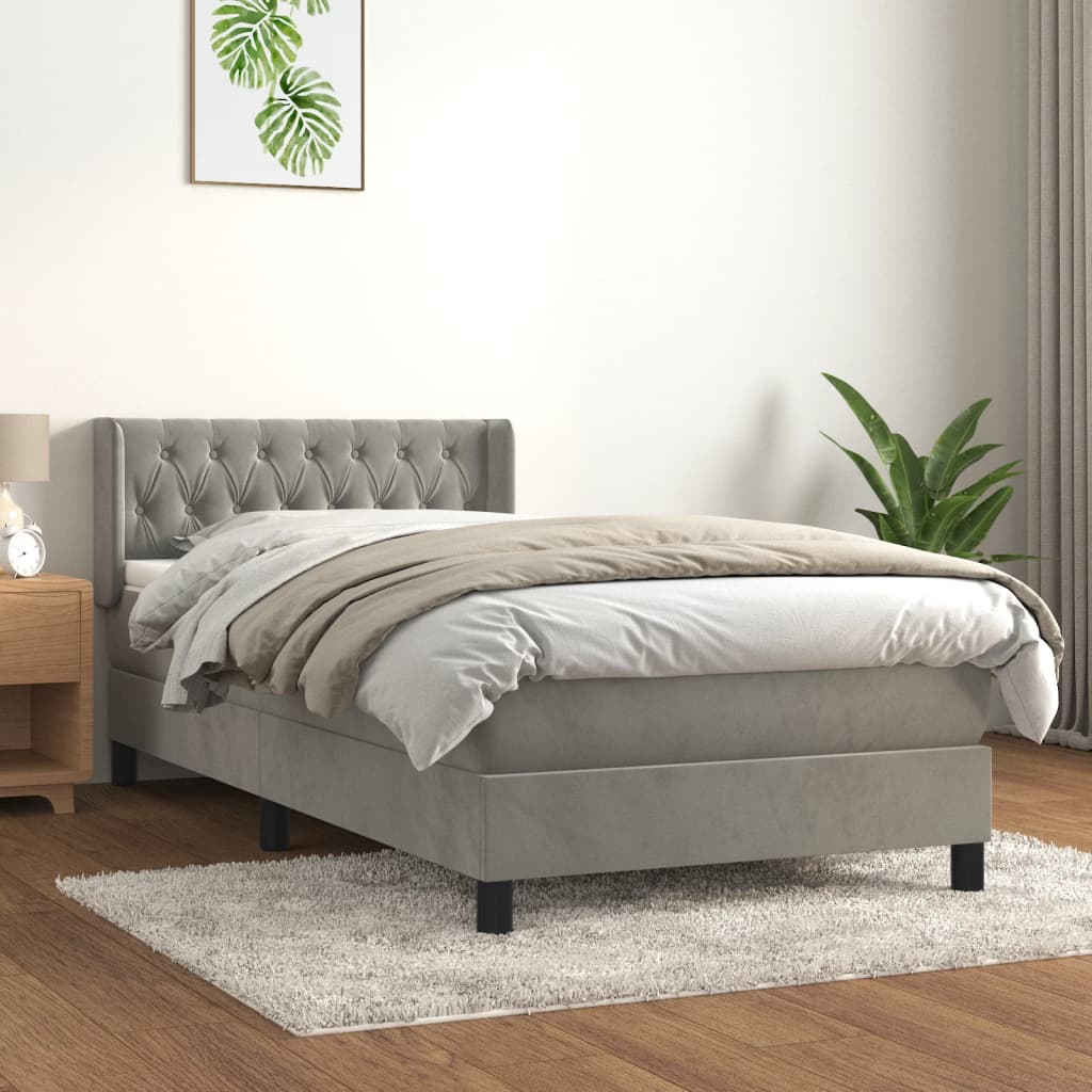 Spring bed frame with light gray mattress 90x200 cm velvet