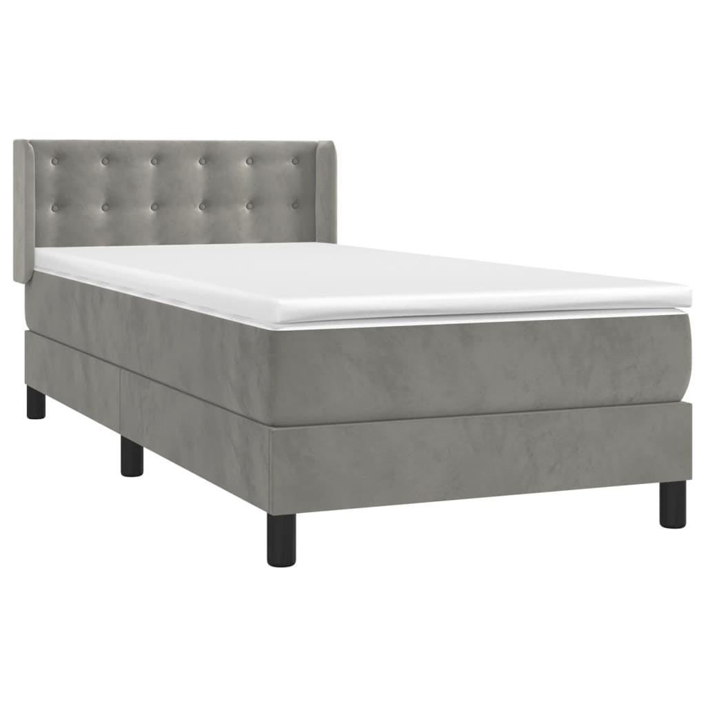 Spring bed frame with light gray mattress 100x200cm velvet