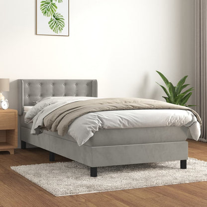 Spring bed frame with light gray mattress 100x200cm velvet