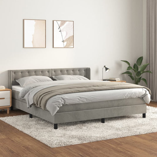 Spring bed frame with light gray mattress 180x200cm velvet