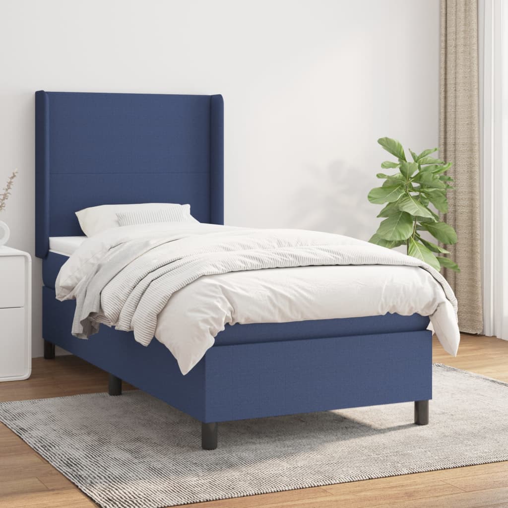 Spring bed frame with blue mattress 80x200 cm in fabric