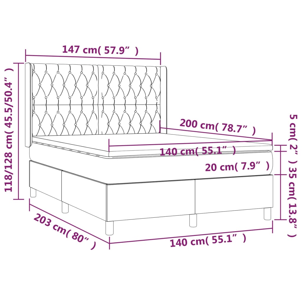 Spring bed frame with blue mattress 140x200 cm in fabric