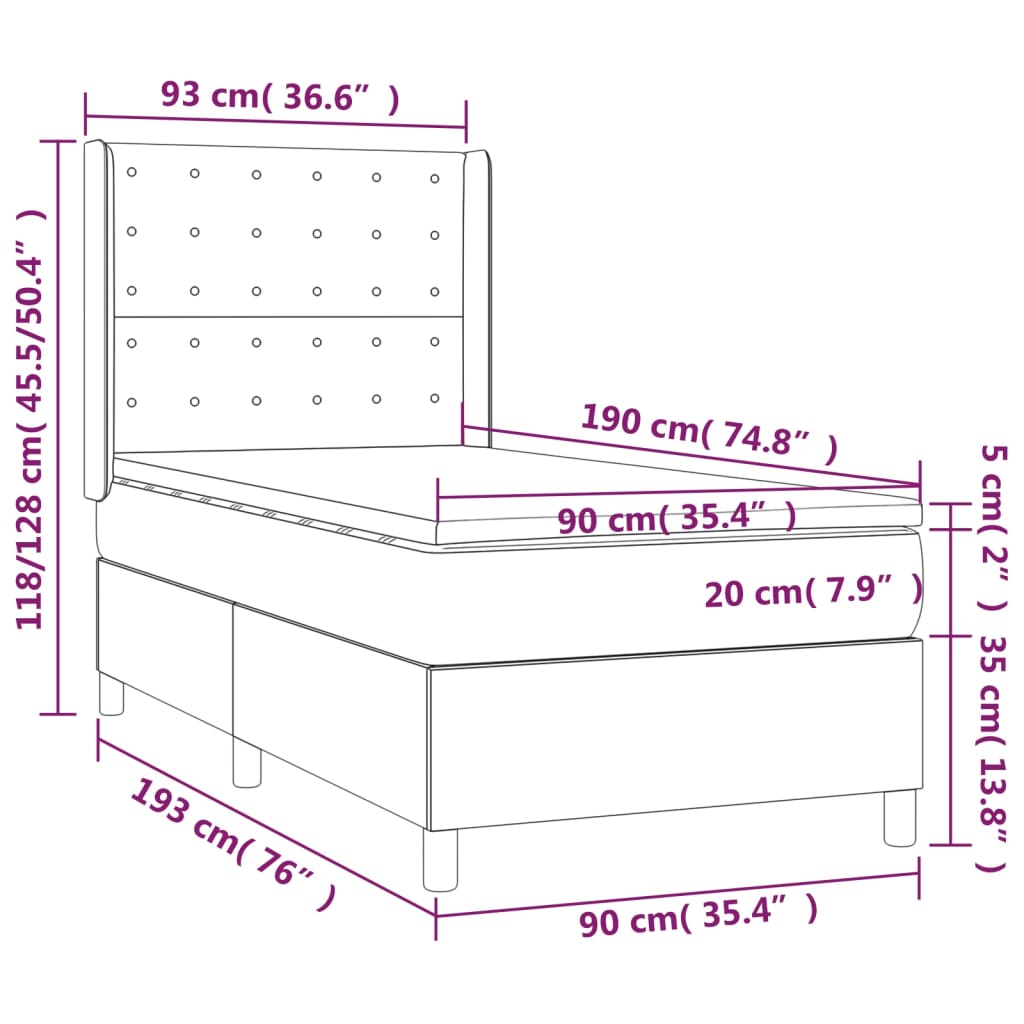 Spring bed frame with cream mattress 90x190 cm in fabric