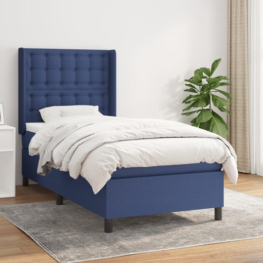 Spring bed frame with blue mattress 90x190 cm in fabric