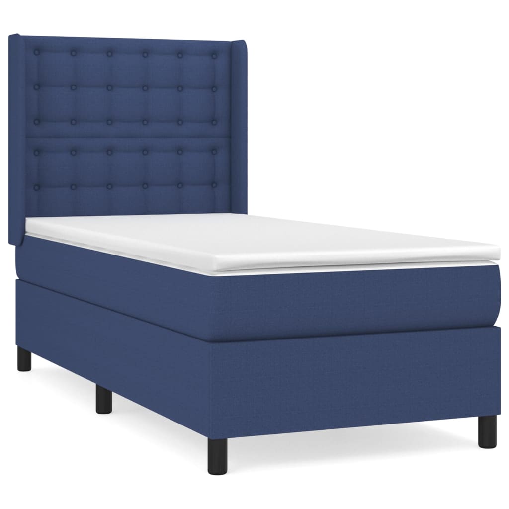 Spring bed frame with blue mattress 90x200 cm in fabric