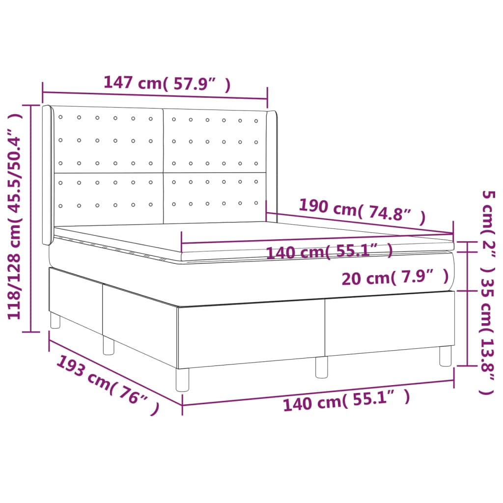 Spring bed frame with light gray mattress 140x190cm fabric