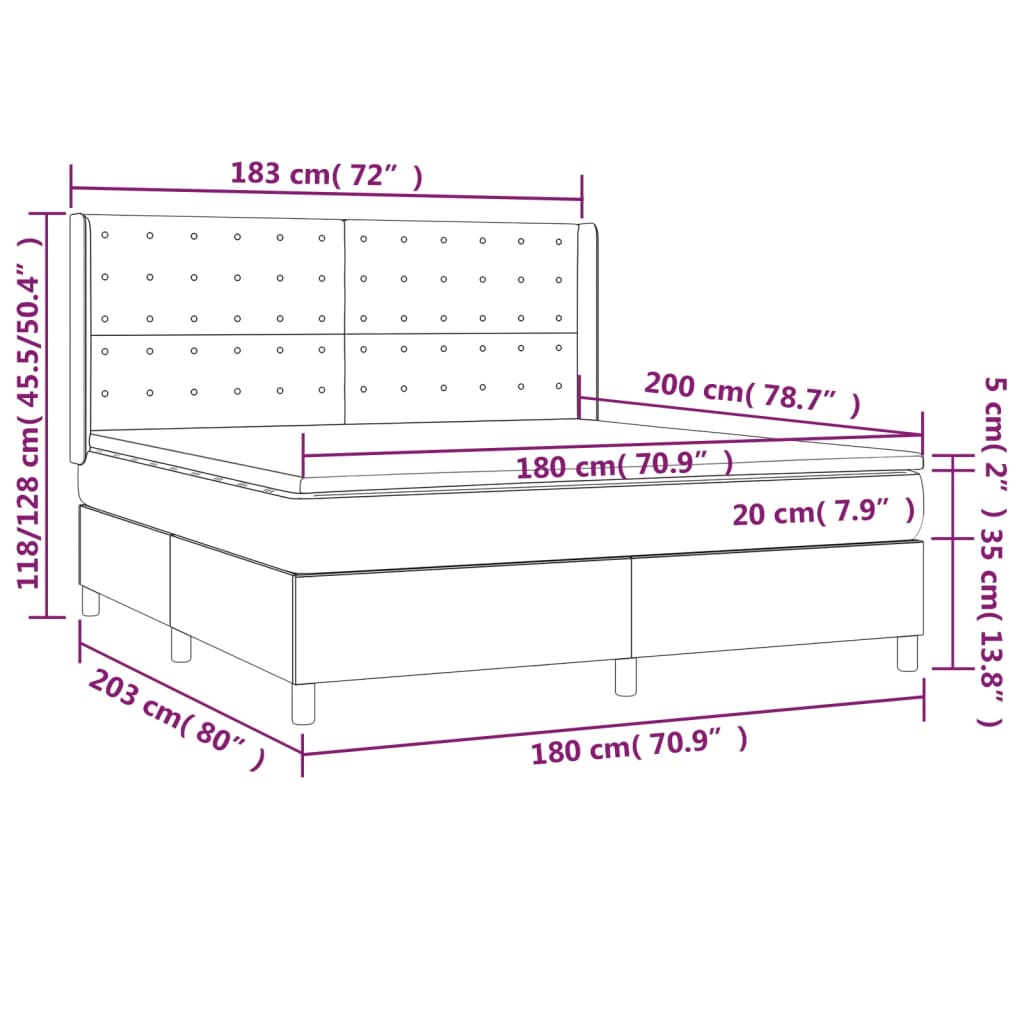 Spring bed frame with black mattress 180x200 cm in fabric