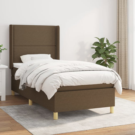 Spring Bed Frame with Dark Brown Mattress 100x200cm Fabric