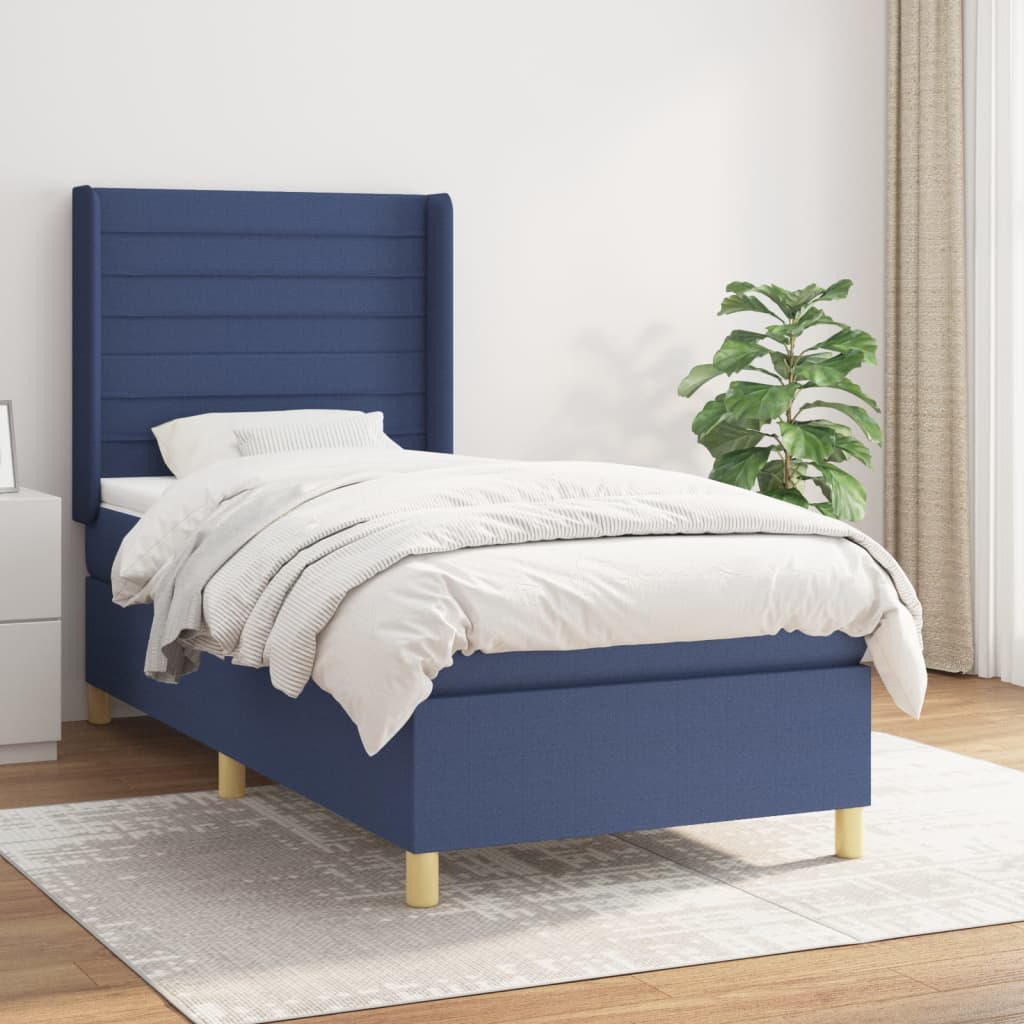 Spring bed frame with blue mattress 90x190 cm in fabric