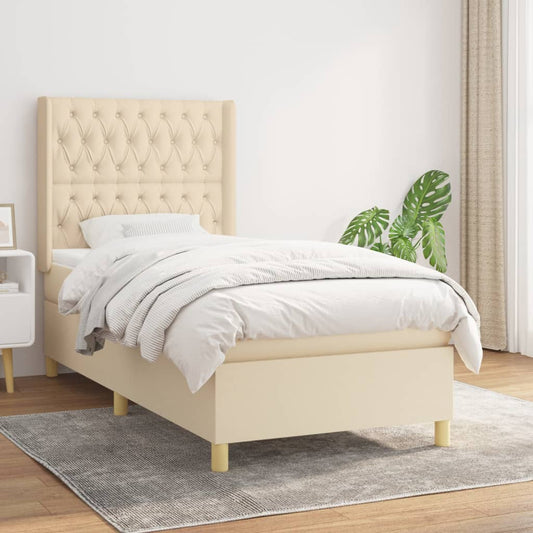 Spring bed frame with cream mattress 100x200 cm in fabric