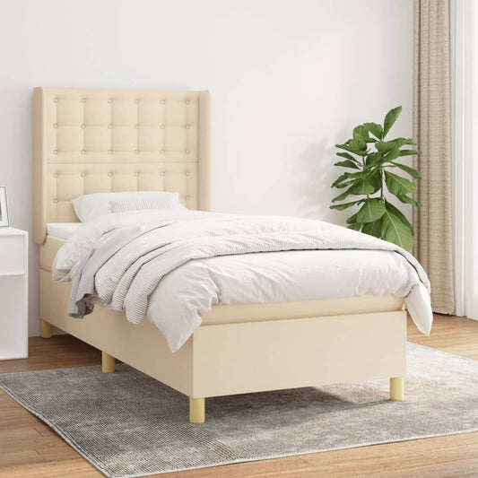 Spring bed frame with cream mattress 90x190 cm in fabric