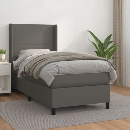 Spring bed frame with gray mattress 90x190 cm in imitation leather