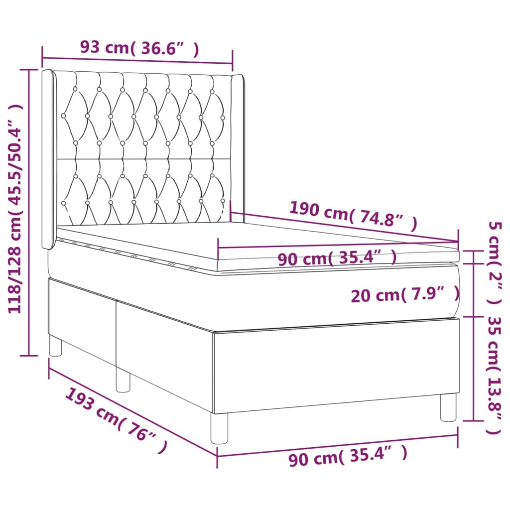 Spring bed frame with black mattress 90x190 cm in velvet