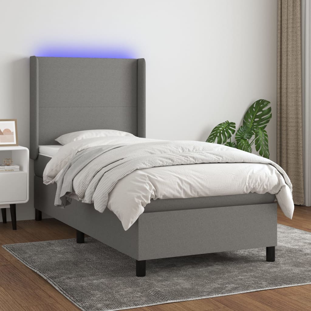 Letto a Molle Materasso e LED Grigio Scuro 90x190 cm in Tessuto - homemem39