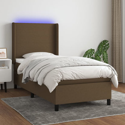 Letto a Molle Materasso e LED Marrone Scuro 90x200cm in Tessuto