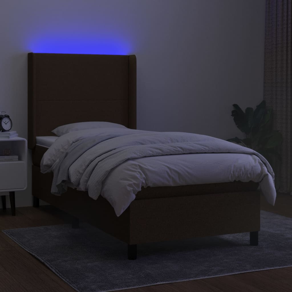 Letto a Molle Materasso e LED Marrone Scuro 100x200 cm Tessuto | homemem39
