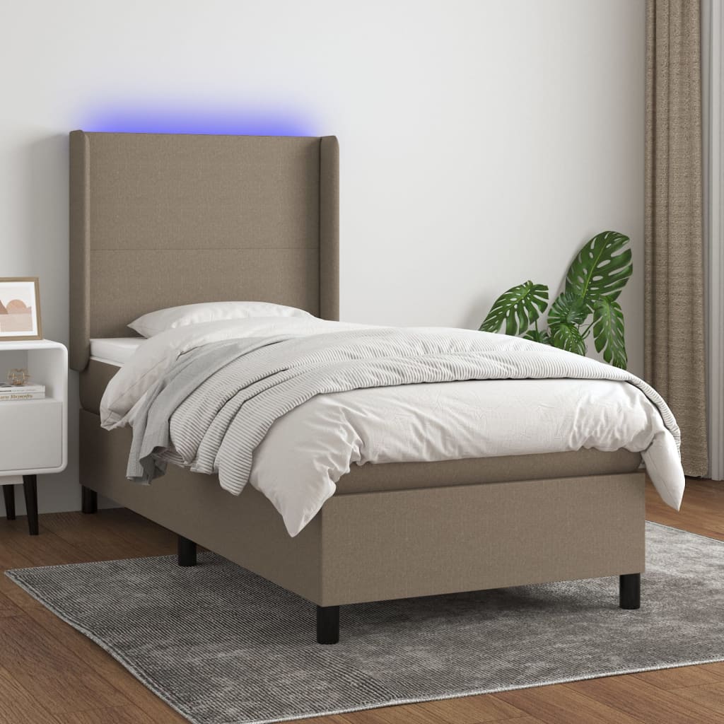 Letto a Molle con Materasso e LED Tortora 100x200cm in Tessuto | homemem39