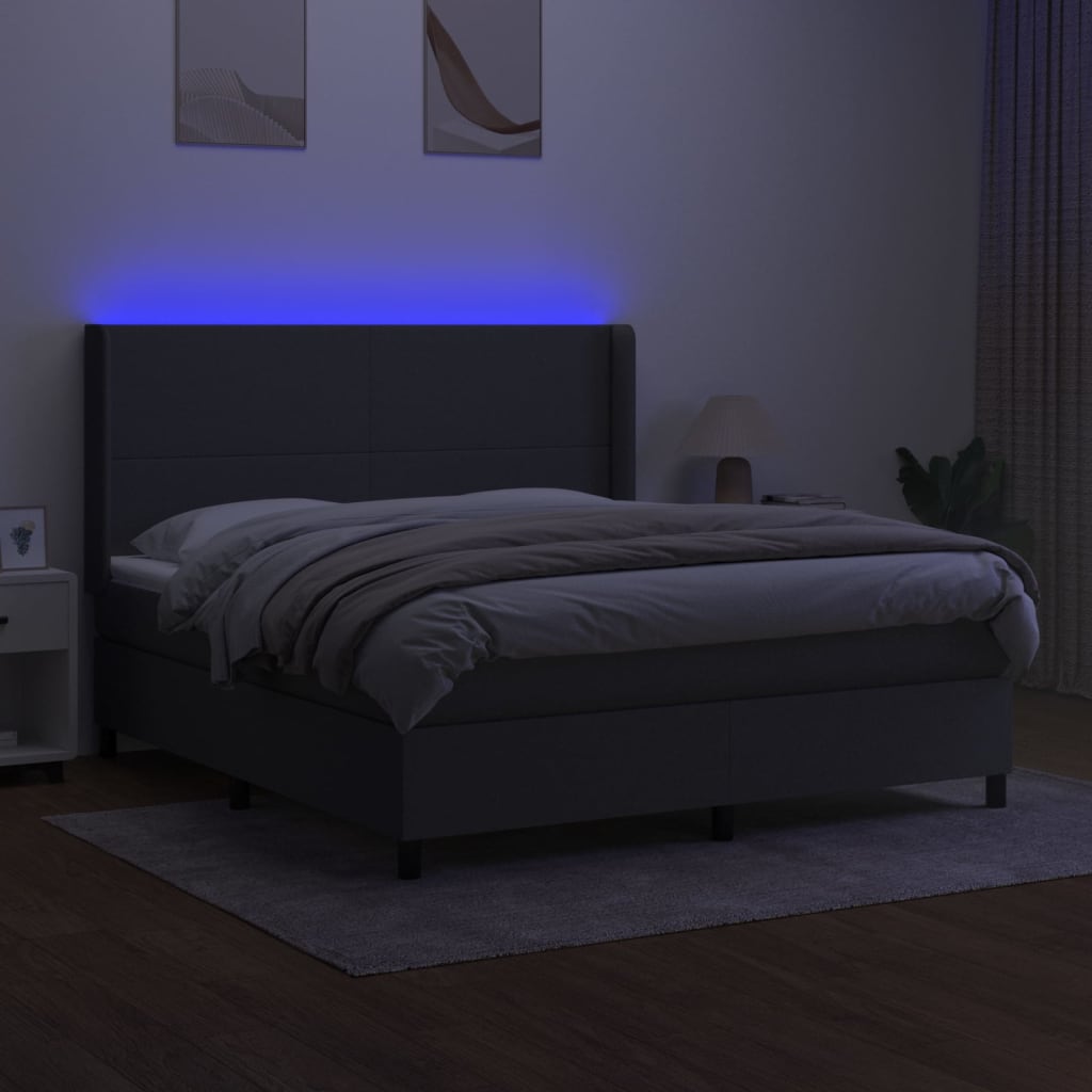 Letto a Molle Materasso e LED Grigio Scuro 160x200cm in Tessuto