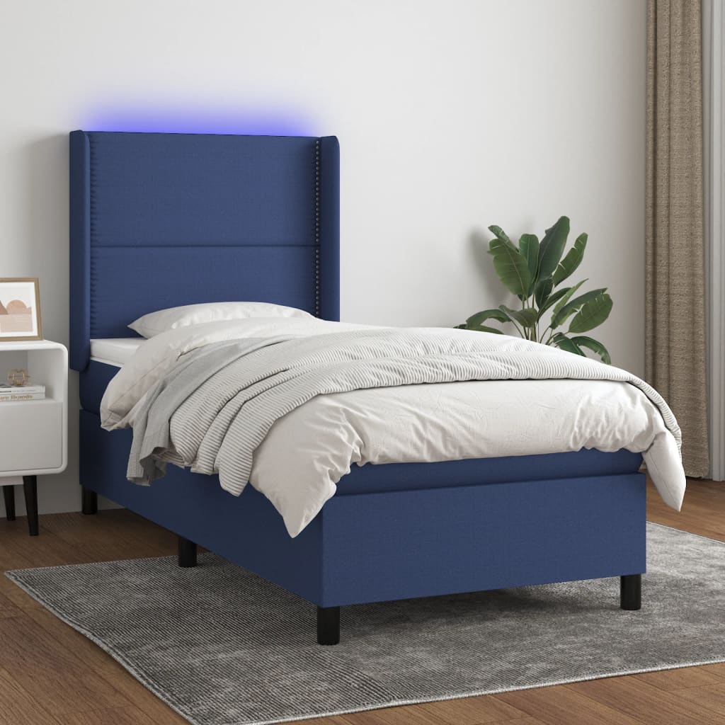 Letto a Molle con Materasso e LED Blu 90x200 cm in Tessuto - homemem39
