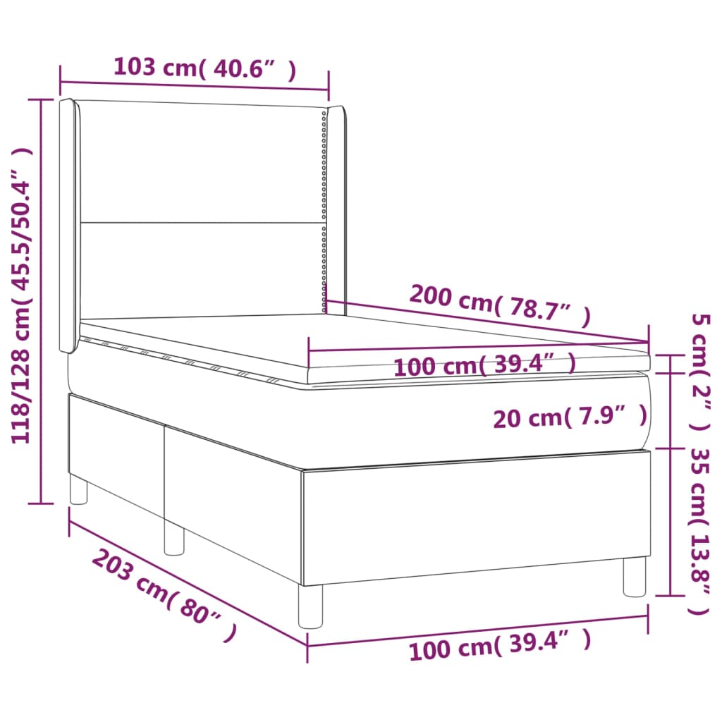 Letto a Molle con Materasso e LED Tortora 100x200cm in Tessuto - homemem39