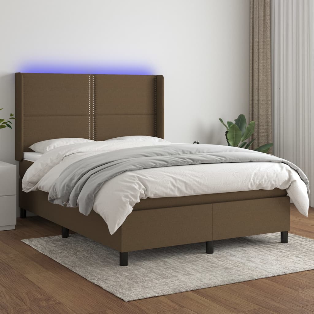 Letto a Molle Materasso e LED MarroneScuro 140x190cm in Tessuto | homemem39