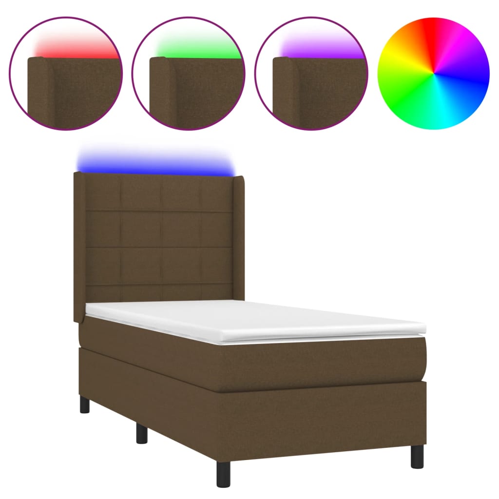 Letto a Molle Materasso e LED Marrone Scuro 90x190cm in Tessuto - homemem39
