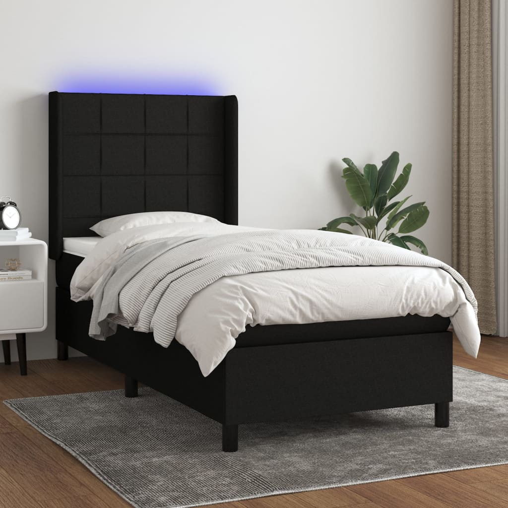 Letto a Molle con Materasso e LED Nero 100x200 cm in Tessuto - homemem39