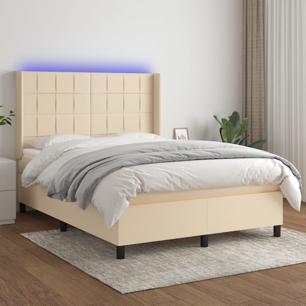 Letto a Molle con Materasso e LED Crema 140x200 cm in Tessuto - homemem39