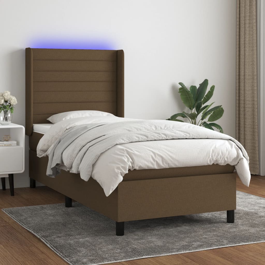 Letto a Molle Materasso e LED Marrone Scuro 90x190cm in Tessuto - homemem39