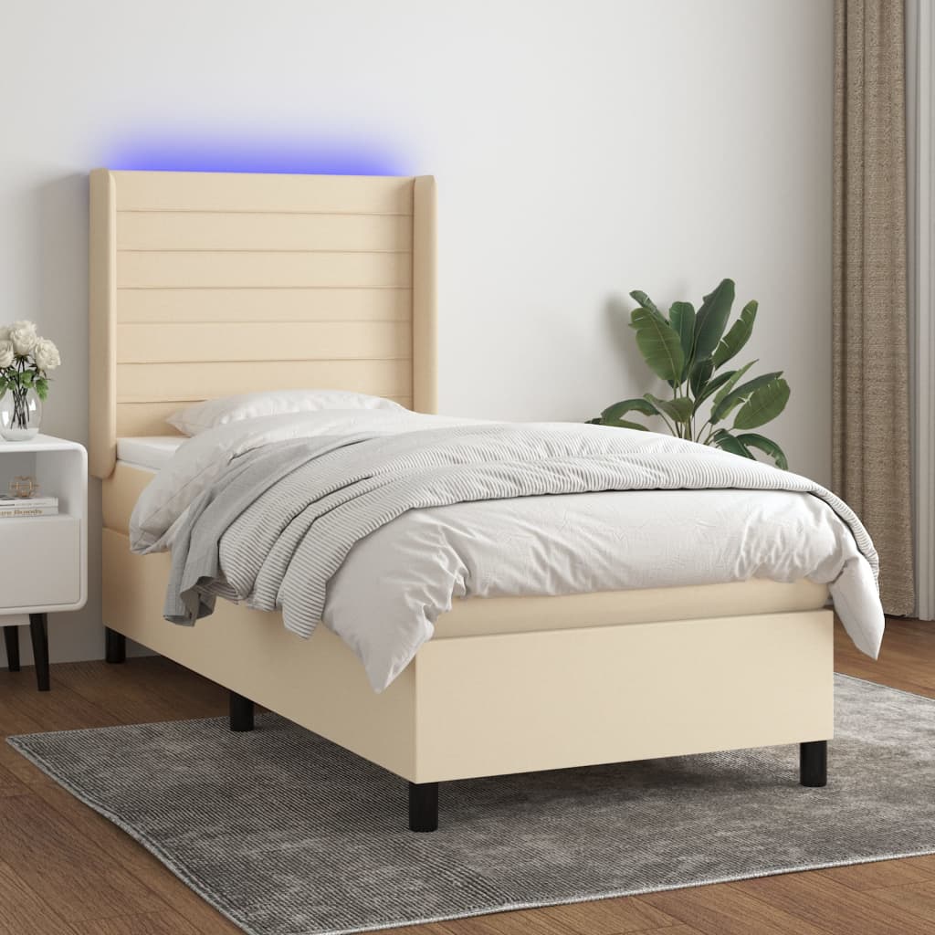 Letto a Molle con Materasso e LED Crema 90x190 cm in Tessuto | homemem39