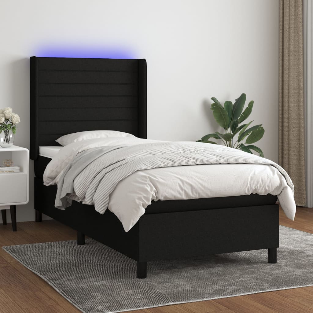 Letto a Molle con Materasso e LED Nero 100x200 cm in Tessuto