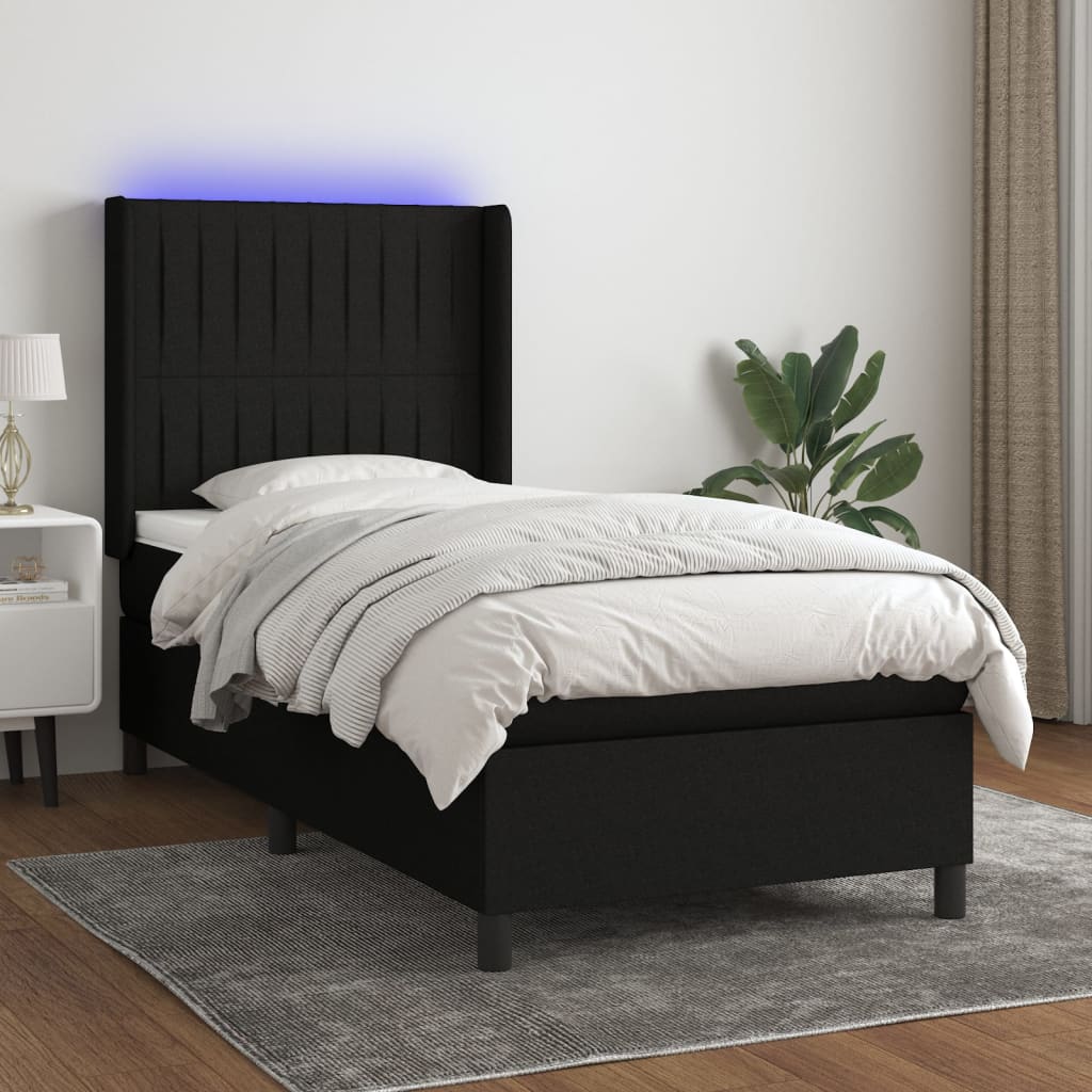 Letto a Molle con Materasso e LED Nero 100x200 cm in Tessuto - homemem39