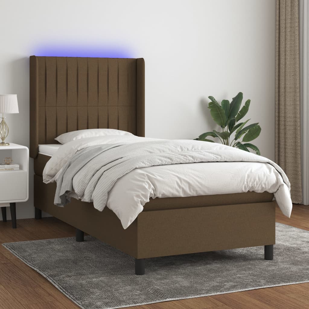 Letto a Molle Materasso e LED Marrone Scuro 100x200 cm Tessuto | homemem39
