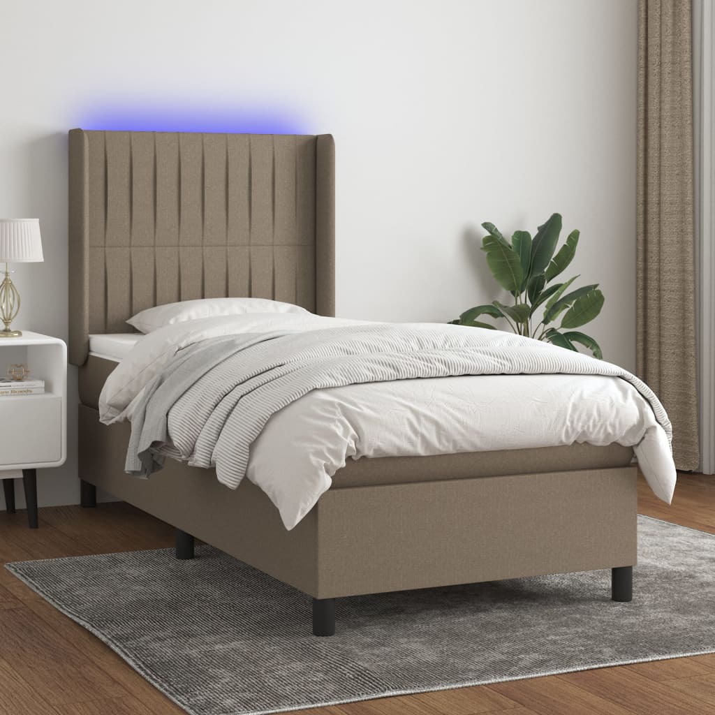 Letto a Molle con Materasso e LED Tortora 100x200cm in Tessuto - homemem39