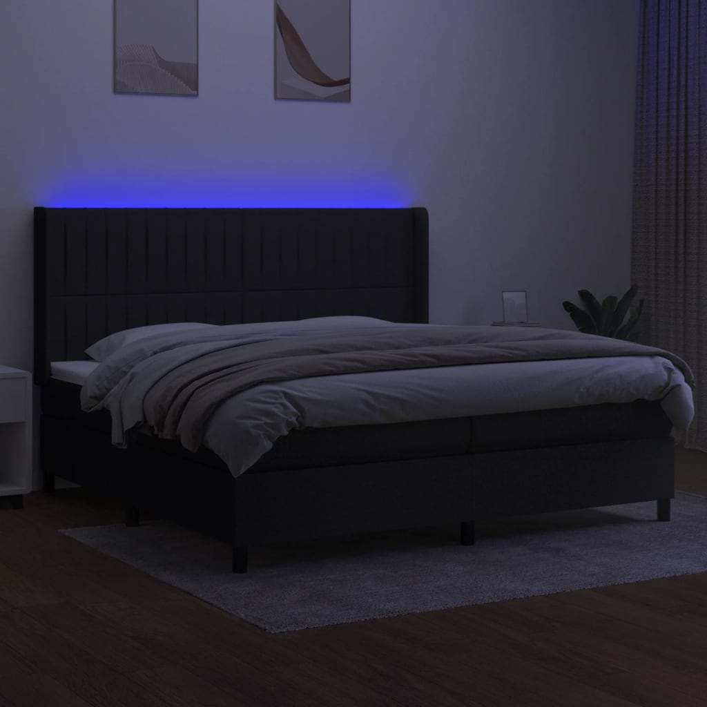 Letto a Molle Materasso e LED Nero 200x200cm in Tessuto