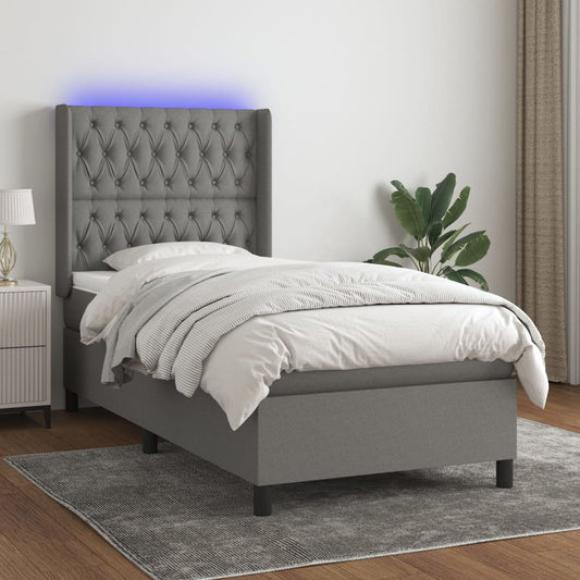 Letto a Molle Materasso e LED Grigio Scuro 90x200 cm in Tessuto