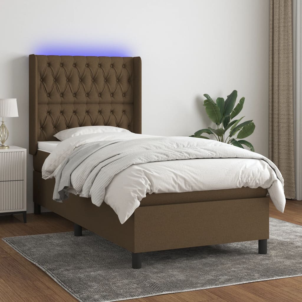 Letto a Molle Materasso e LED Marrone Scuro 90x200cm in Tessuto | homemem39