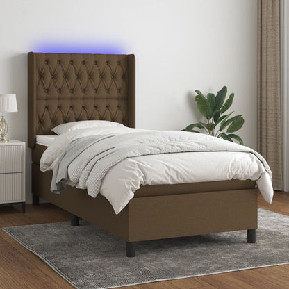 Letto a Molle Materasso e LED Marrone Scuro 90x200cm in Tessuto | homemem39